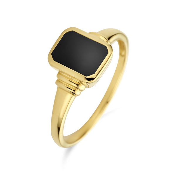 Zegelring met rechthoekige Onyx - Ring - Hutjens - 14k Geelgoud
