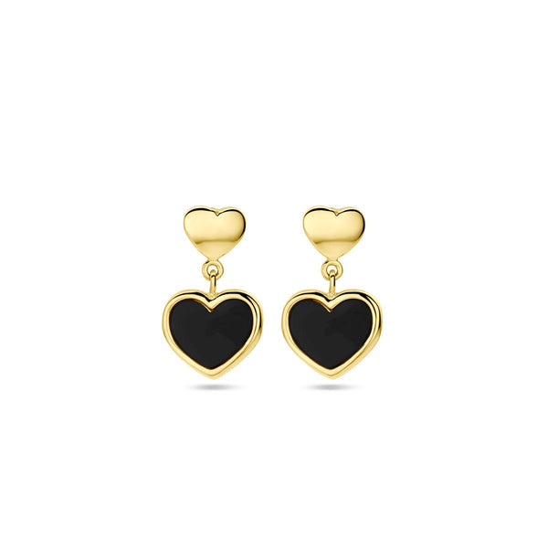 Oorhangers hartjes en onyx - Hutjens - 14k Geelgoud