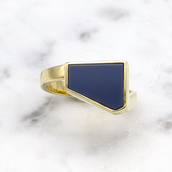 Geelgouden zegelring met blauwe lagensteen - Straight - Hutjens - 14k Geelgoud